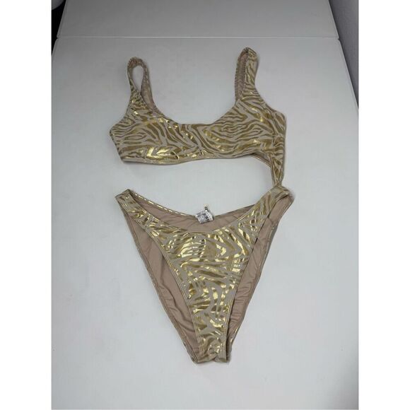 Forever 21 Other - Forever 21 Gold Zebra One Piece Swimsuit Open Middle High Cut Bottom Size XL